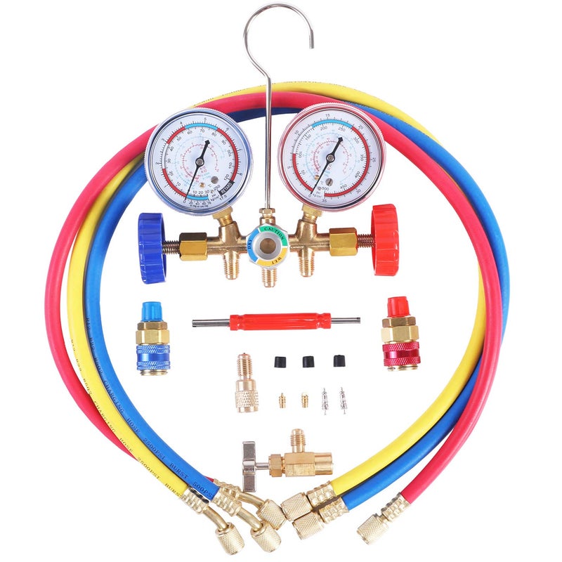 JIFETOR 3 Way AC Manifold Gauge Set, HVAC Diagnostic Charging Tool for Auto Household R404A R134A Refrigerant with R134A Quick Couplers 3FT Charging Hose Can Tap Adapter Valve Core Tool - Image 1